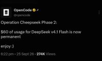 OpenCode 宣布为 DeepSeek V4.1 Flash 永久提供 60 美元额度