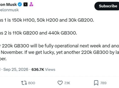 马斯克秀 AI 算力：计划年底前配 110 万张英伟达 GB300，目标约 6 个月跻身行业领先