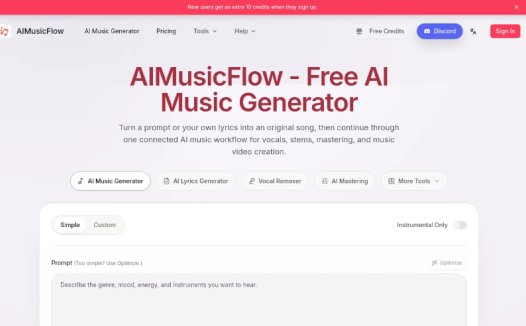 AIMusicFlow：AI音乐生成与全流程创作平台，提供从歌词创作、AI音乐生成、分轨处理到母带制作与视频生成的全流程音乐制作