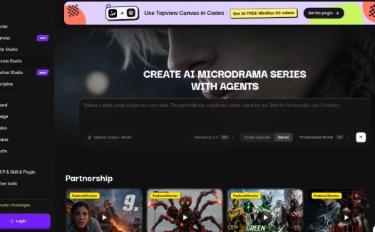 Topview Drama Studio:提供从剧本规划、分镜设计到视频生成的全流程AI创作工具,支持小说、剧本一键转化短剧