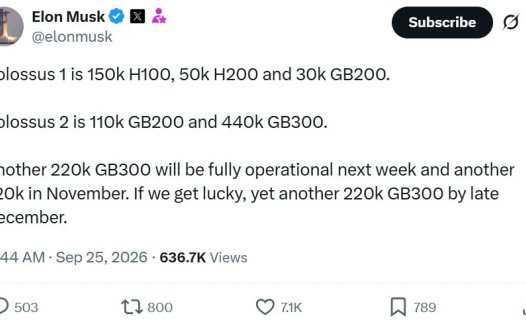 马斯克秀 AI 算力:计划年底前配 110 万张英伟达 GB300,目标约 6 个月跻身行业领先