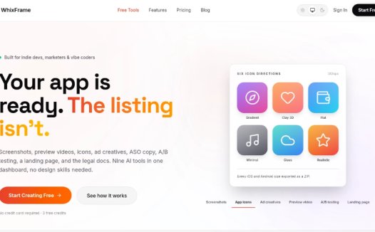 Whixframe:面向独立开发者与营销人员的AI应用营销套件,提供截图生成、预览动画、图标设计、ASO文案、广告创意、落地页与法律文档等九种工具