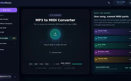 Describe Music:在线MP3转MIDI转换器,将歌曲拆分为人声、鼓、贝斯、旋律和和弦等独立轨道