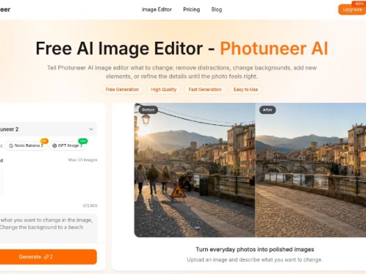Photuneer：在线AI图像编辑与智能修图工具，提供背景替换、对象移除、添加元素及多图合成功能