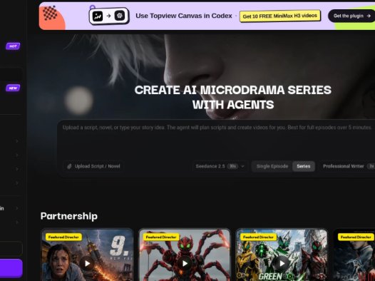 Topview Drama Studio:提供从剧本规划、分镜设计到视频生成的全流程AI创作工具,支持小说、剧本一键转化短剧