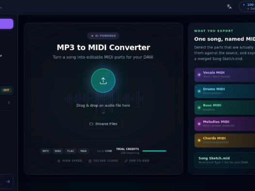 Describe Music:在线MP3转MIDI转换器,将歌曲拆分为人声、鼓、贝斯、旋律和和弦等独立轨道