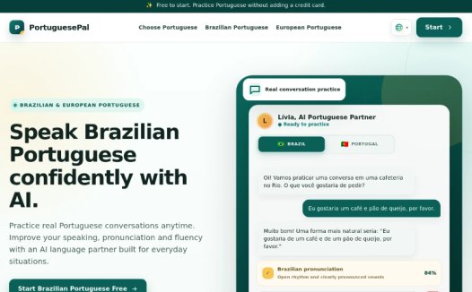 PortuguesePal：AI驱动的葡萄牙语口语练习平台，提升巴西和欧洲葡萄牙语的口语、发音及流利度